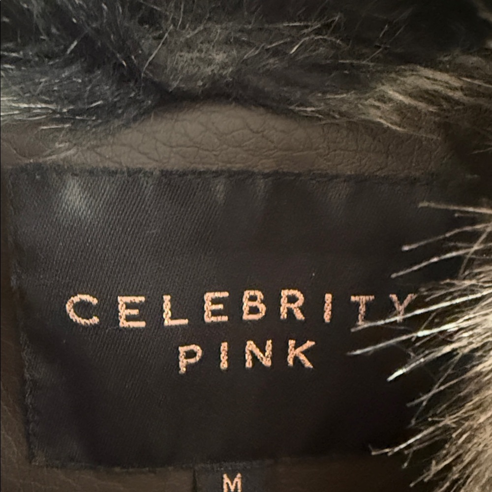 Celebrity Pink Dark Brown Leather Jacket with Faux Fur Collar - Picture 2 of 6